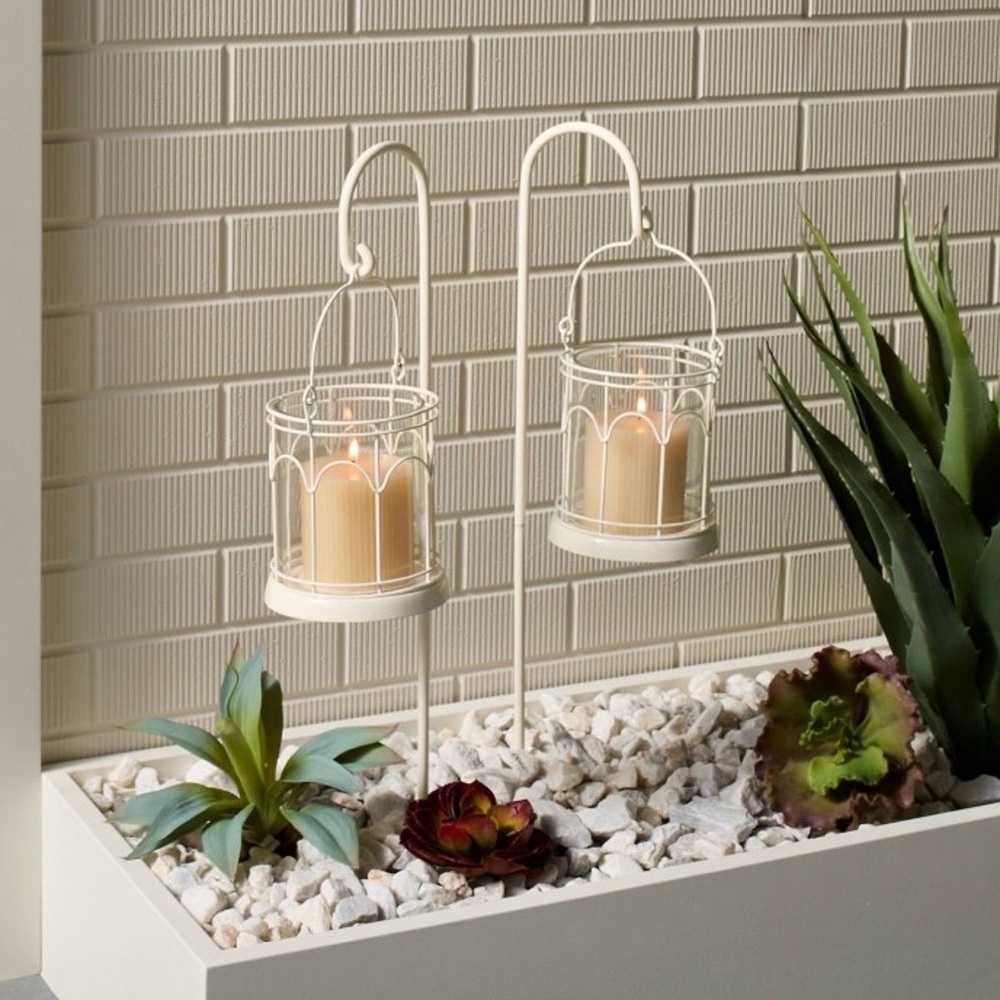 New- 2ct outdoor stake candle lanterns - white powdered coating